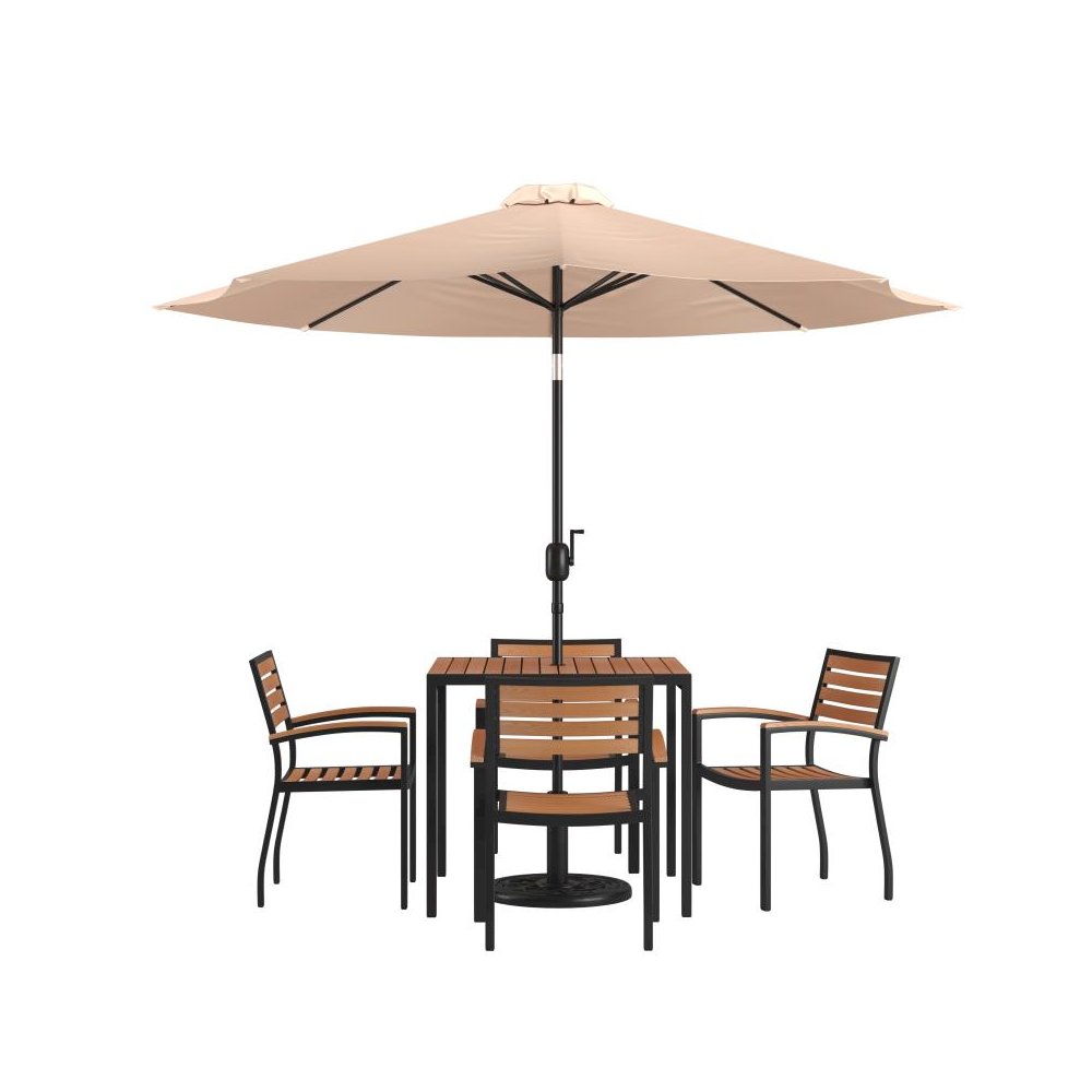 7 Piece Outdoor Patio Table Set with 4 Synthetic Teak Stackable Chairs, 35" Square Table, Tan Umbrella & Base