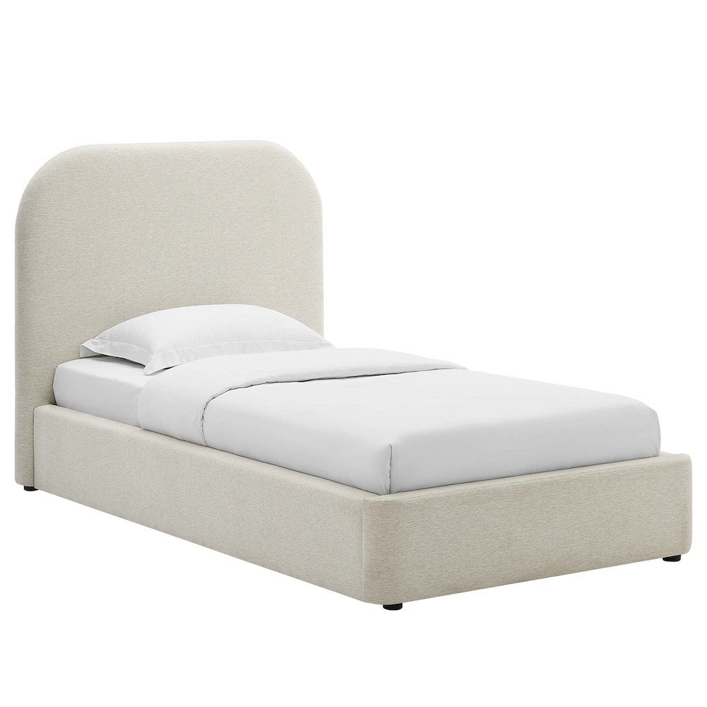 Fabric Curved Platform Bed with Cloud Headboard, Twin Bed Frame, Ivory