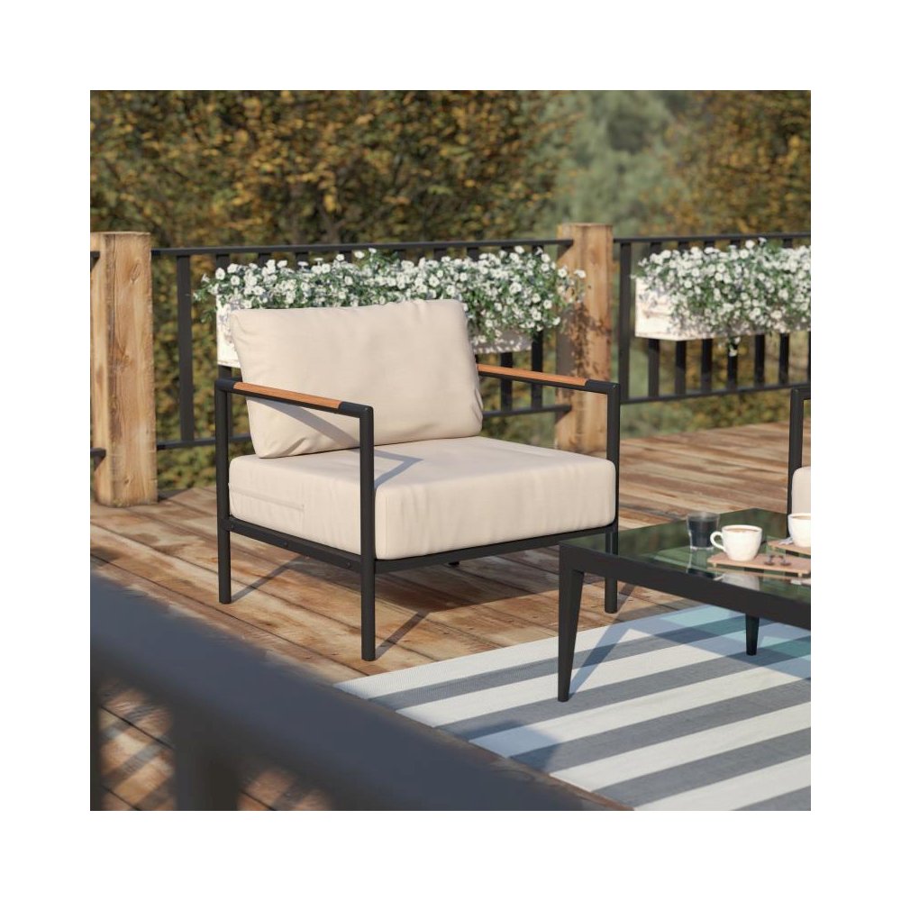 Indoor/Outdoor Patio Chair with Cushions - Modern Aluminum Framed Chair with Teak Accented Arms, Black with Beige Cushions