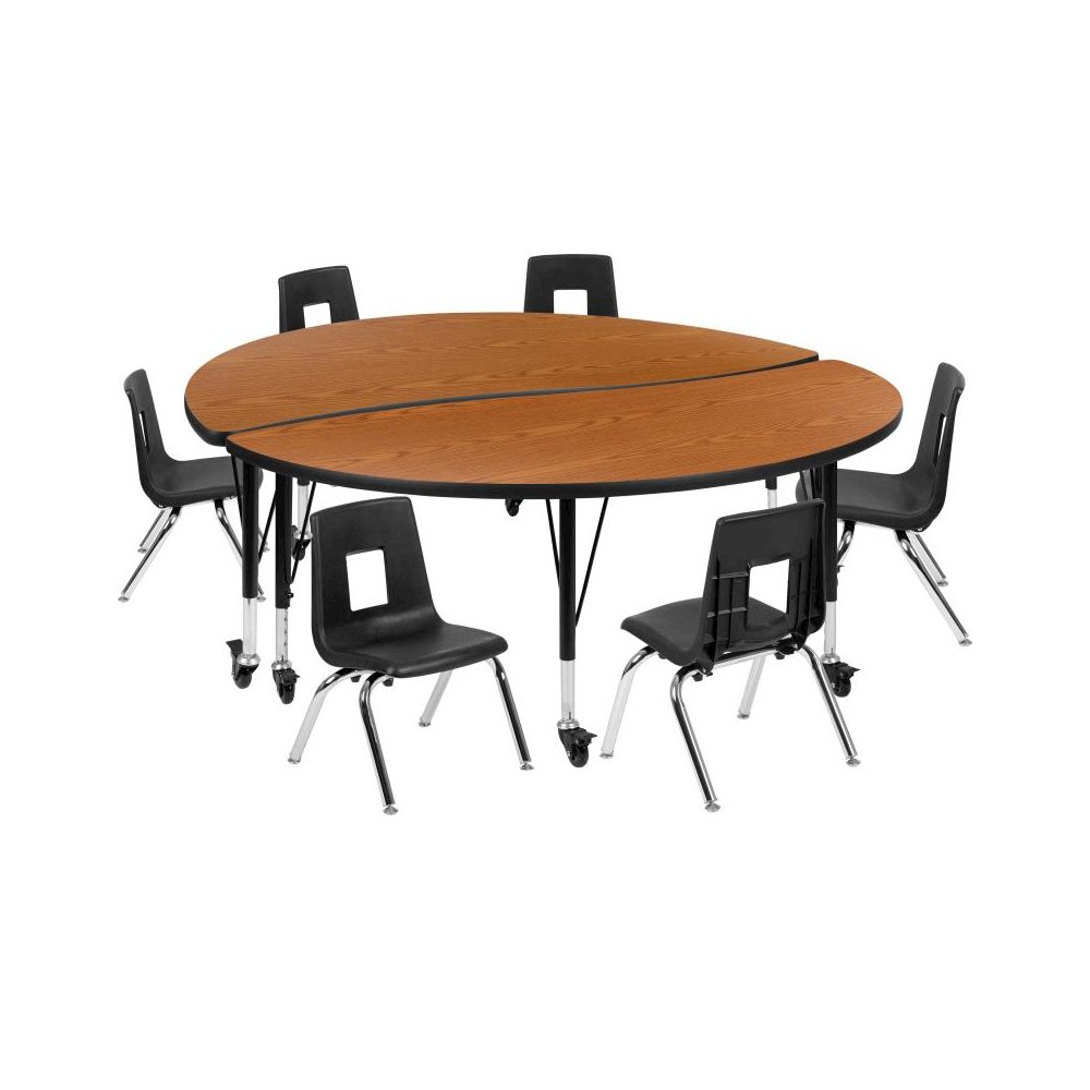 60" Circle Wave Flexible Laminate Activity Table Set with 12" Student Stack Chairs, Oak/Black