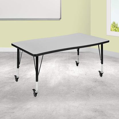Mobile 28"W x 47.5"L Rectangular Wave Flexible Collaborative Grey Thermal Laminate Activity Table - Height Adjustable Short Legs