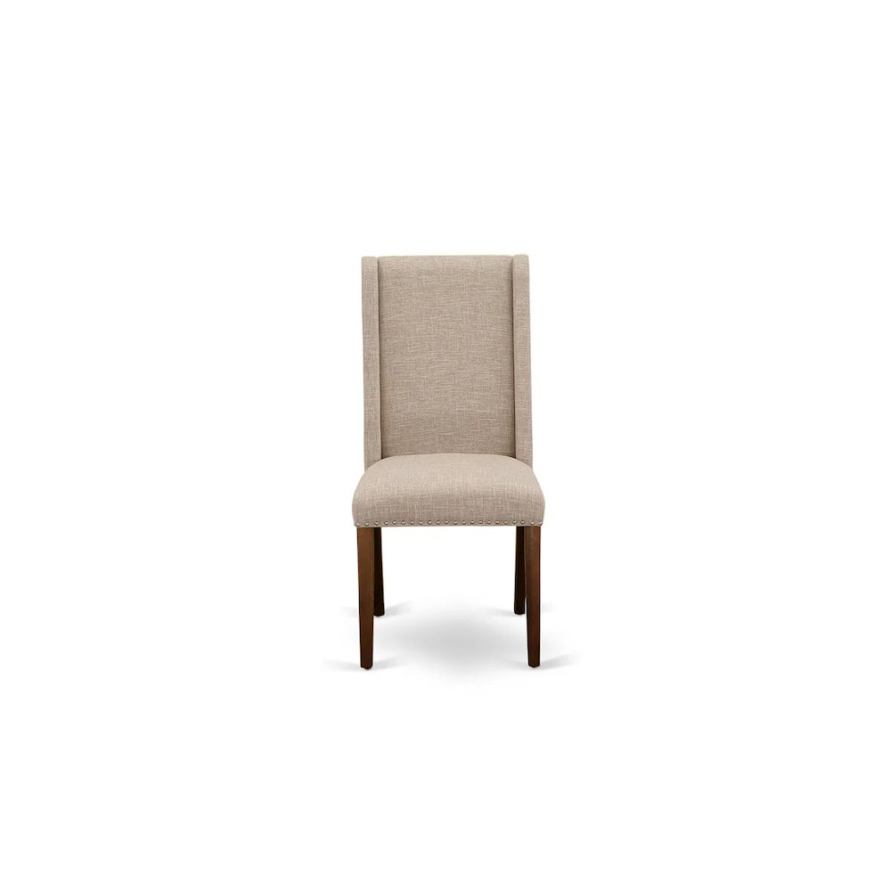 3 Piece Kitchen Table Set Contains a Round Dining Room Table with Pedestal and 2 Light Tan Linen Fabric Upholstered Chairs, 36x36 Inch, Natural