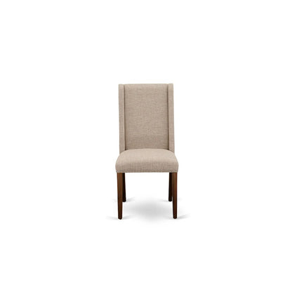 3 Piece Kitchen Table Set Contains a Round Dining Room Table with Pedestal and 2 Light Tan Linen Fabric Upholstered Chairs, 36x36 Inch, Natural