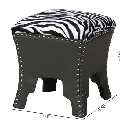 Zebra-print Patterned Fabric Brown Faux Leather Upholstered Accent Stool