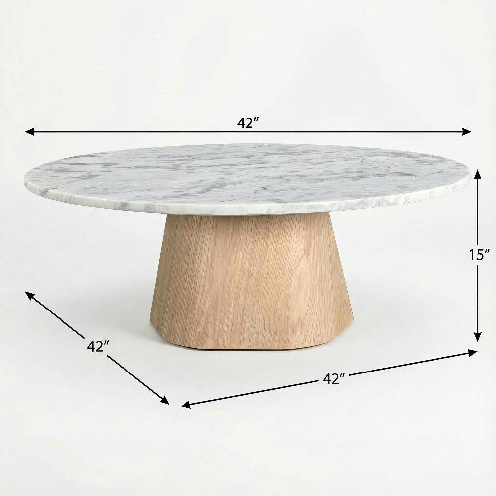 White Marble Coffee Table, Ashen Grey Raj Marble Top, Oak Veneer Plywood Surface