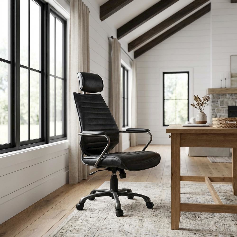 Leather Upholstered Executive Office Chair, Industrial Swivel Desk Chair,Black