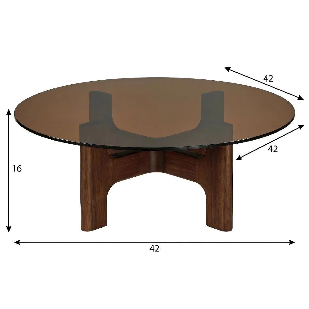 Brown Coffee Table with Amber Tempered Glass Top and Rubber Wood Legs