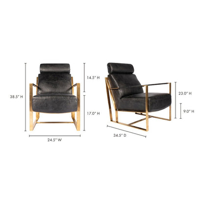 Mid Century Modern Rustic Armchair with Black Leather Seat and Gold Frame