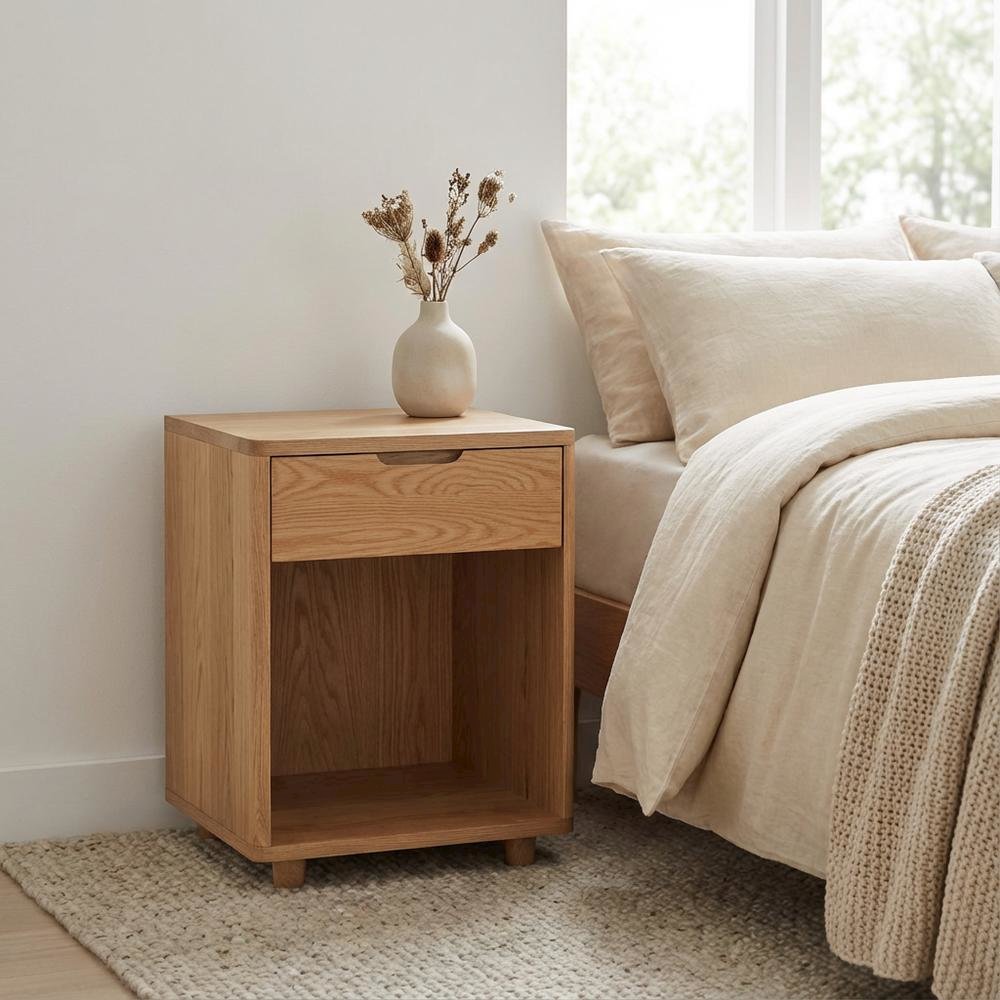 Oak Nightstand with Soft Close Drawer and Solid Wood Frame