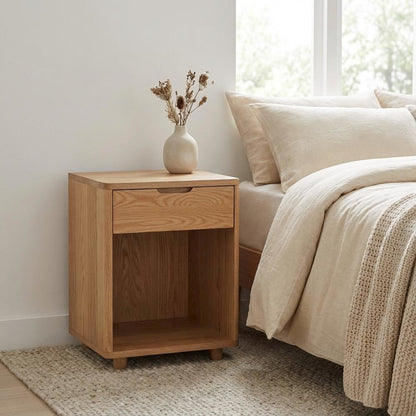 Oak Nightstand with Soft Close Drawer and Solid Wood Frame