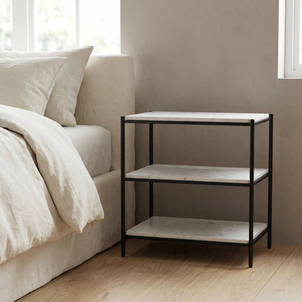 White Marble Modern Nightstand with Metal Frame and Semi-Gloss Finish