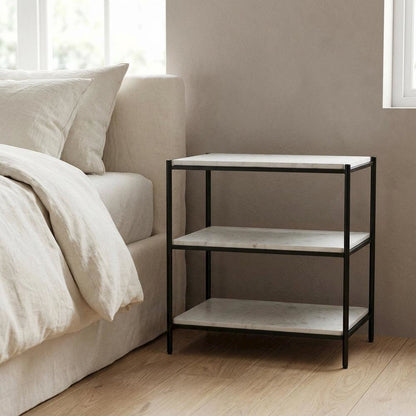 White Marble Modern Nightstand with Metal Frame and Semi-Gloss Finish