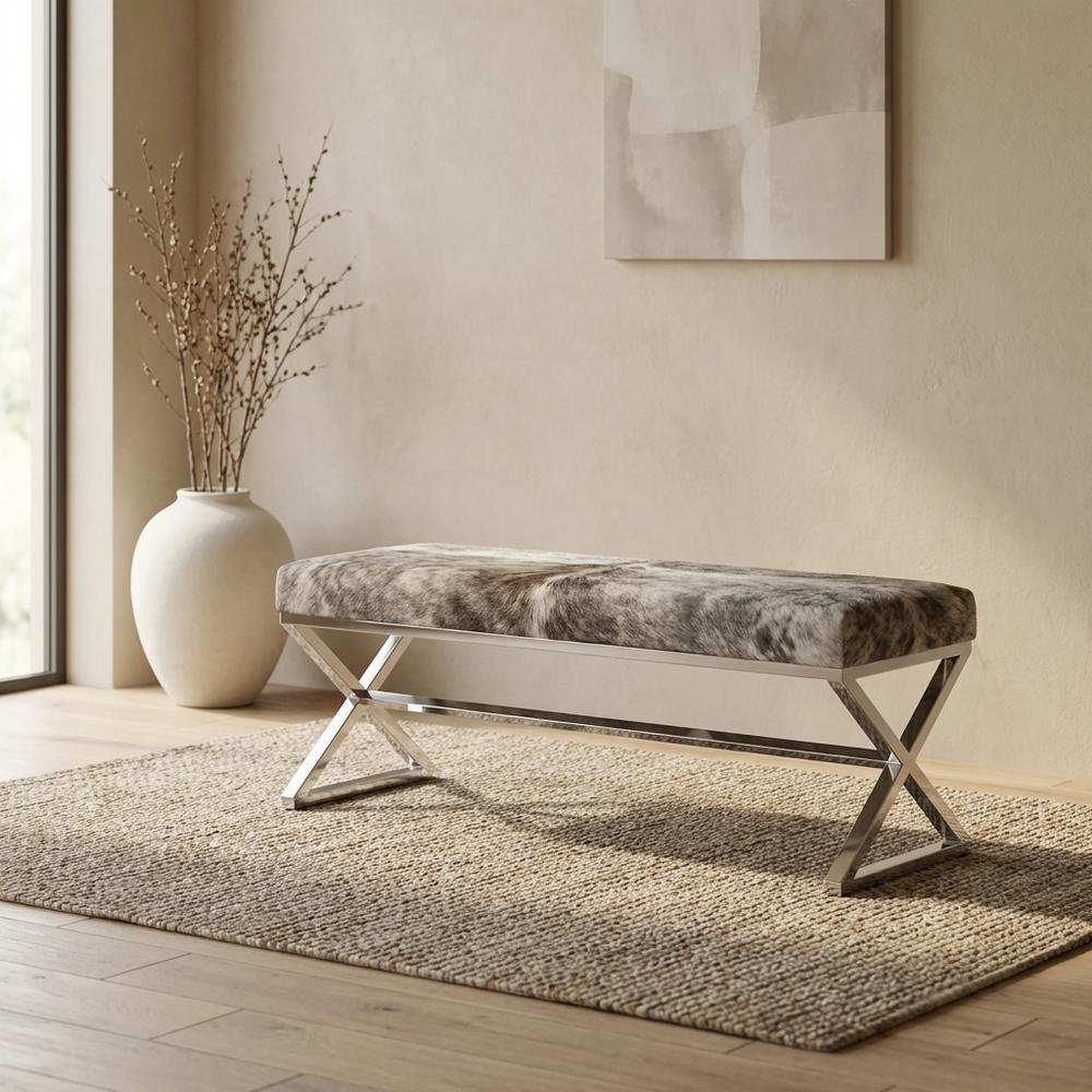 Cowhide Upholstered Bench, Contemporary Entryway Bench for Living Room, Gray