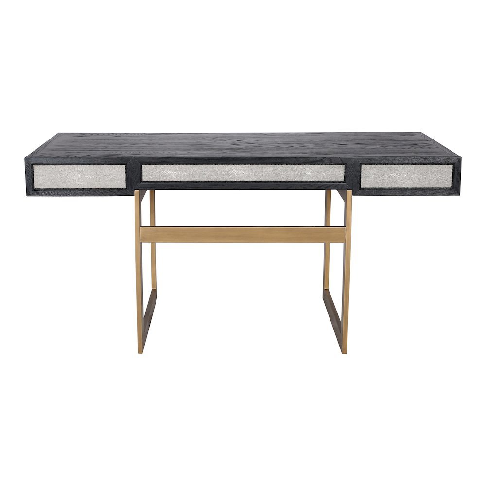 Modern Home Office Desk – Solid Black Oak Frame, 3 Drawers, Brass Gold Accents