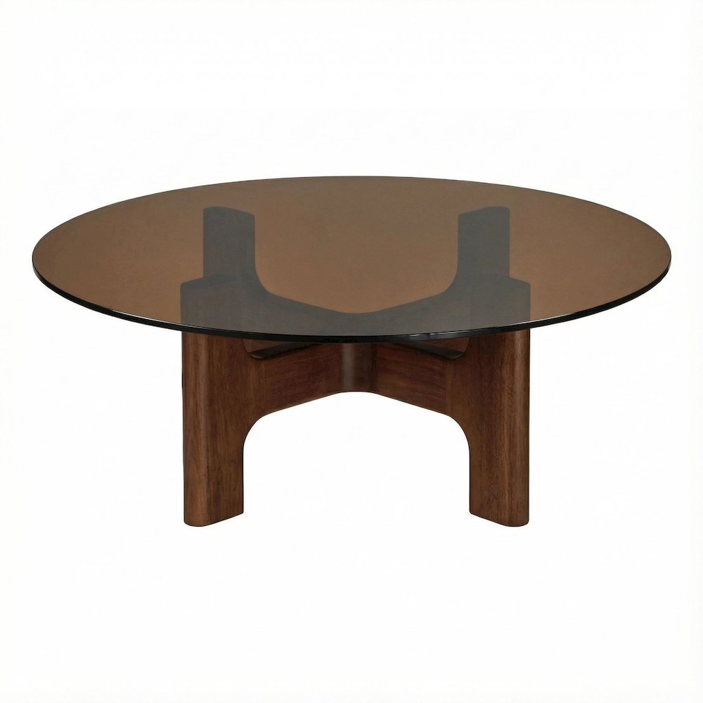 Brown Coffee Table with Amber Tempered Glass Top and Rubber Wood Legs
