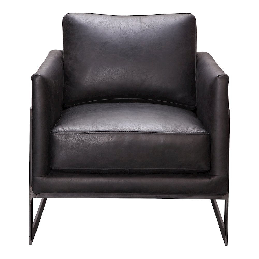 Modern Armchair with Black Leather Seat and Sturdy Metal Frame