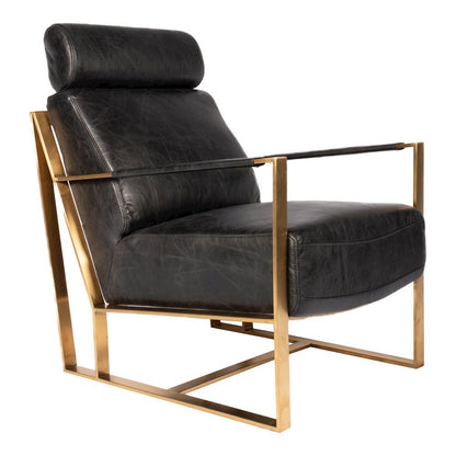 Mid Century Modern Rustic Armchair with Black Leather Seat and Gold Frame