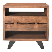 Brown Wood Nightstand – Unique Natural Bedside Table with Drawer and Steel Legs