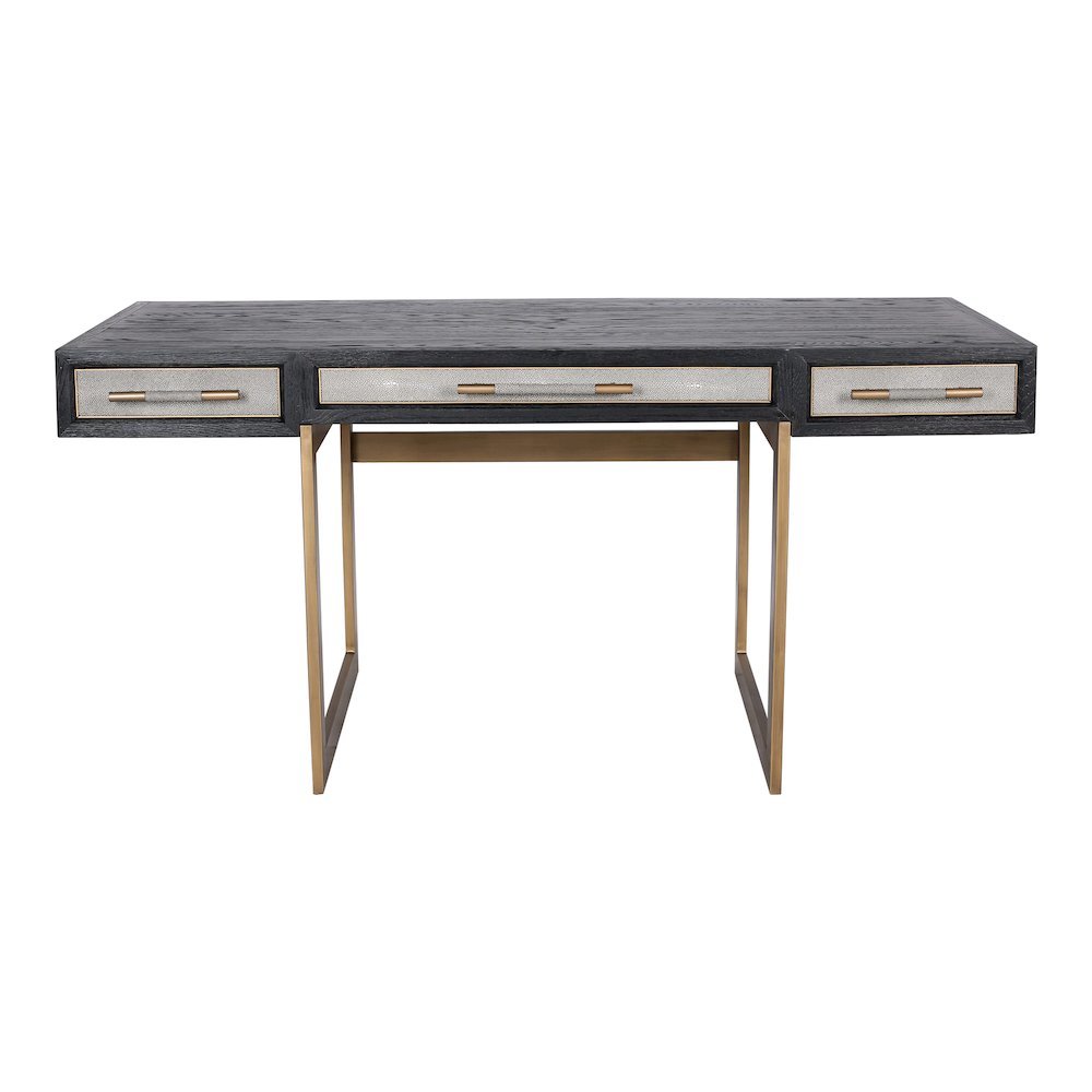 Modern Home Office Desk – Solid Black Oak Frame, 3 Drawers, Brass Gold Accents