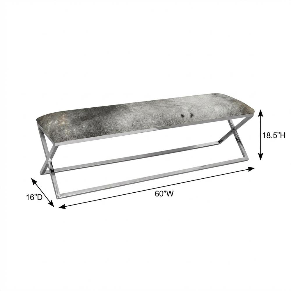 Cowhide Upholstered Bench, Contemporary Entryway Bench for Living Room, Gray