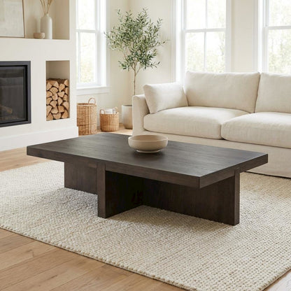 Brown Rectangular Coffee Table, Solid Oak Top, Wood Frame Contemporary Design