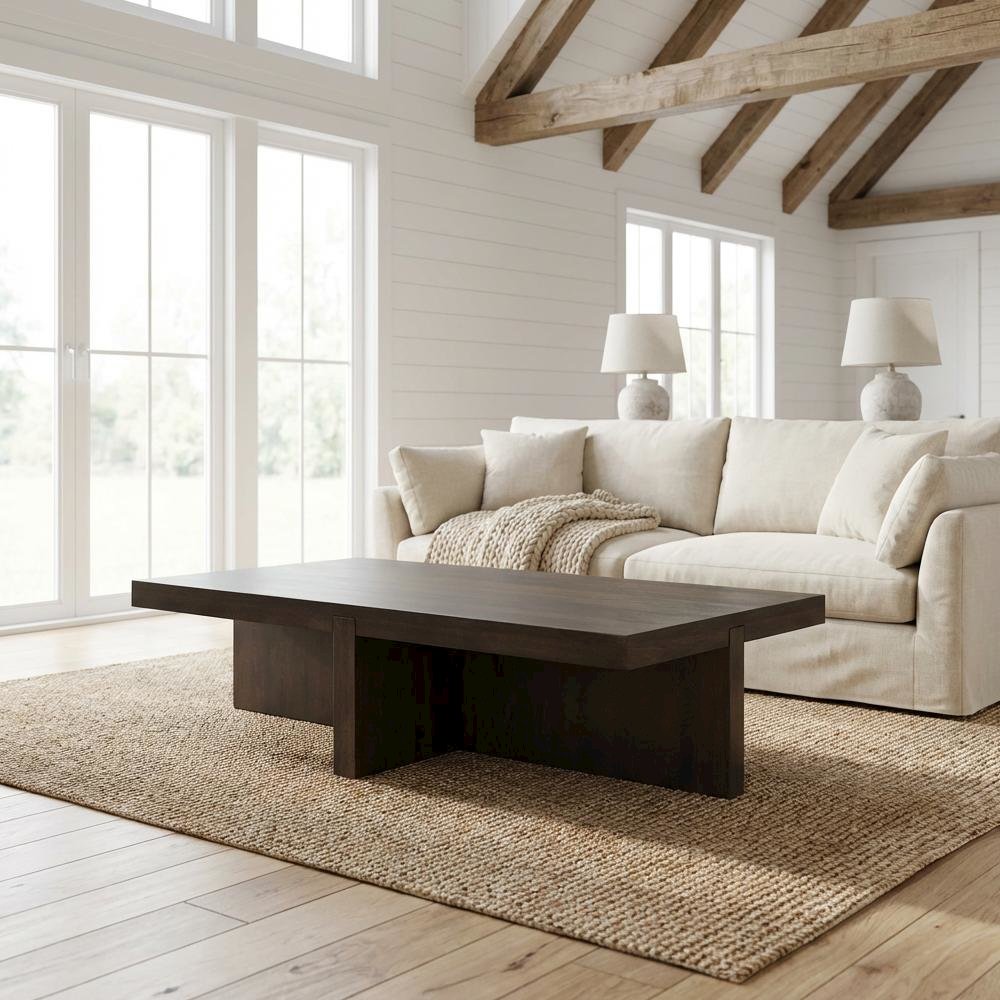 Brown Rectangular Coffee Table, Solid Oak Top, Wood Frame Contemporary Design