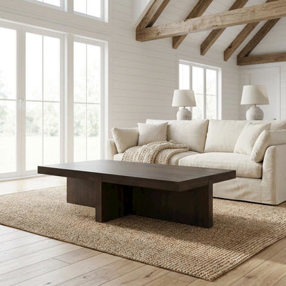Brown Rectangular Coffee Table, Solid Oak Top, Wood Frame Contemporary Design