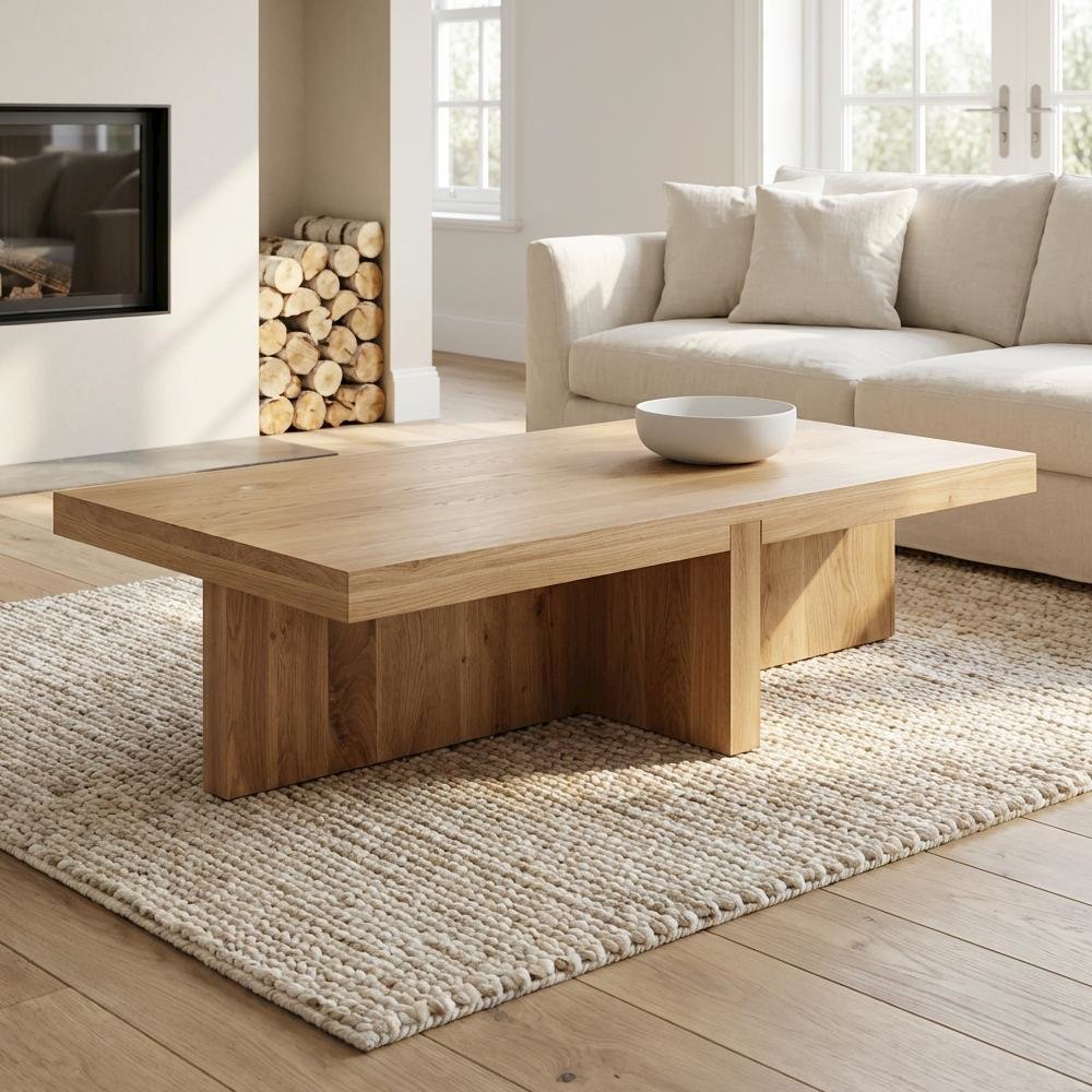 Brown Solid Oak Rectangular Coffee Table with Matt Finish and Contemporary Style