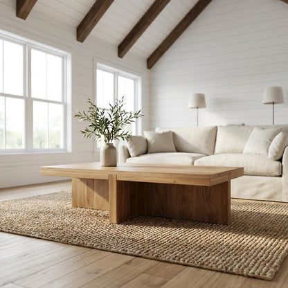 Brown Solid Oak Rectangular Coffee Table with Matt Finish and Contemporary Style