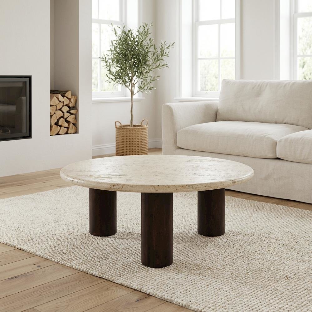 Beige Travertine Stone Coffee Table with Mango Wood Frame and Matte Finish