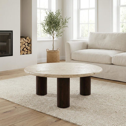 Beige Travertine Stone Coffee Table with Mango Wood Frame and Matte Finish