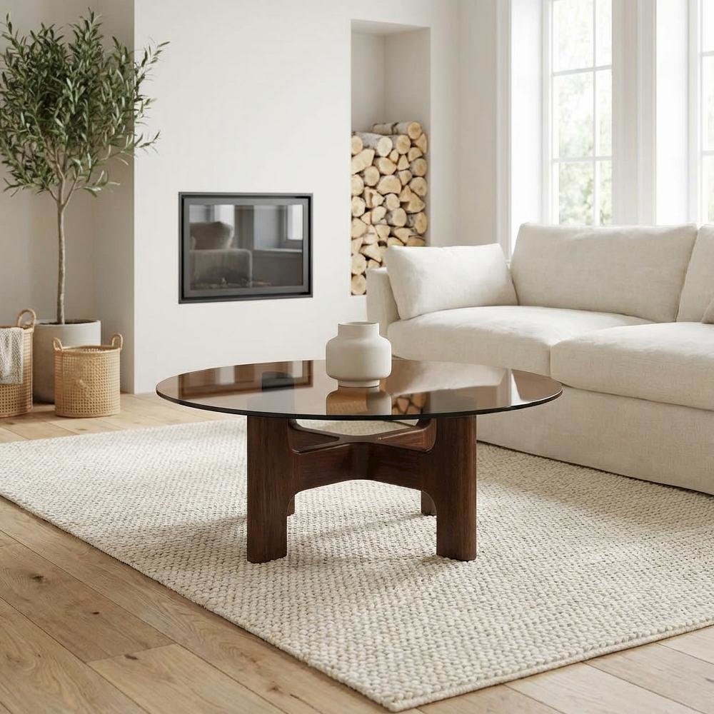 Brown Coffee Table with Amber Tempered Glass Top and Rubber Wood Legs