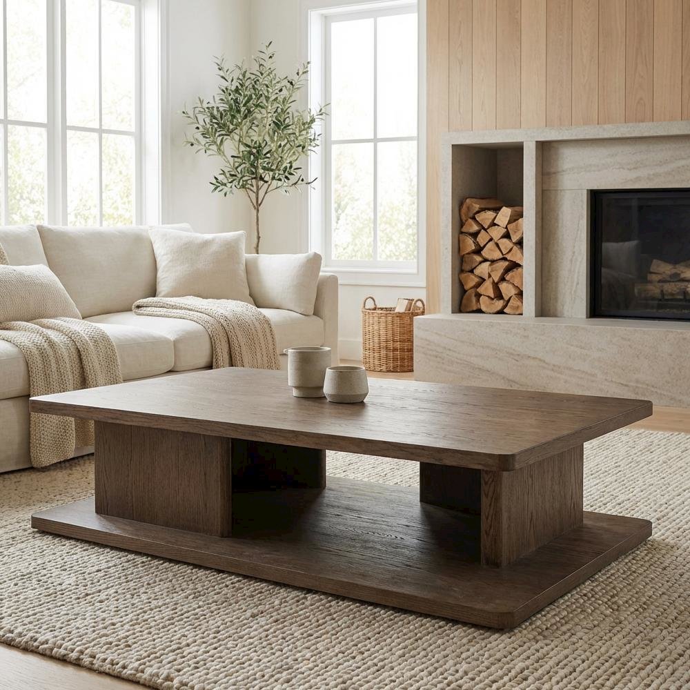 Brown Oak Veneer Coffee Table with Solid Oak Frame and Durable Surface