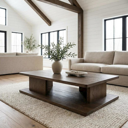 Brown Oak Veneer Coffee Table with Solid Oak Frame and Durable Surface