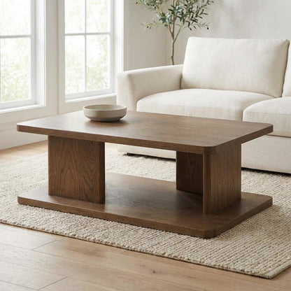 Brown Oak Veneer Coffee Table with Solid Oak Base and Durable Finish