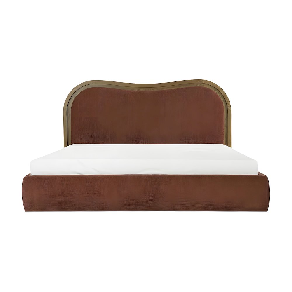 Ash Wood King Platform Bed with Upholstered Art Deco Wave Headboard, Slats