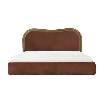 Ash Wood King Platform Bed with Upholstered Art Deco Wave Headboard, Slats