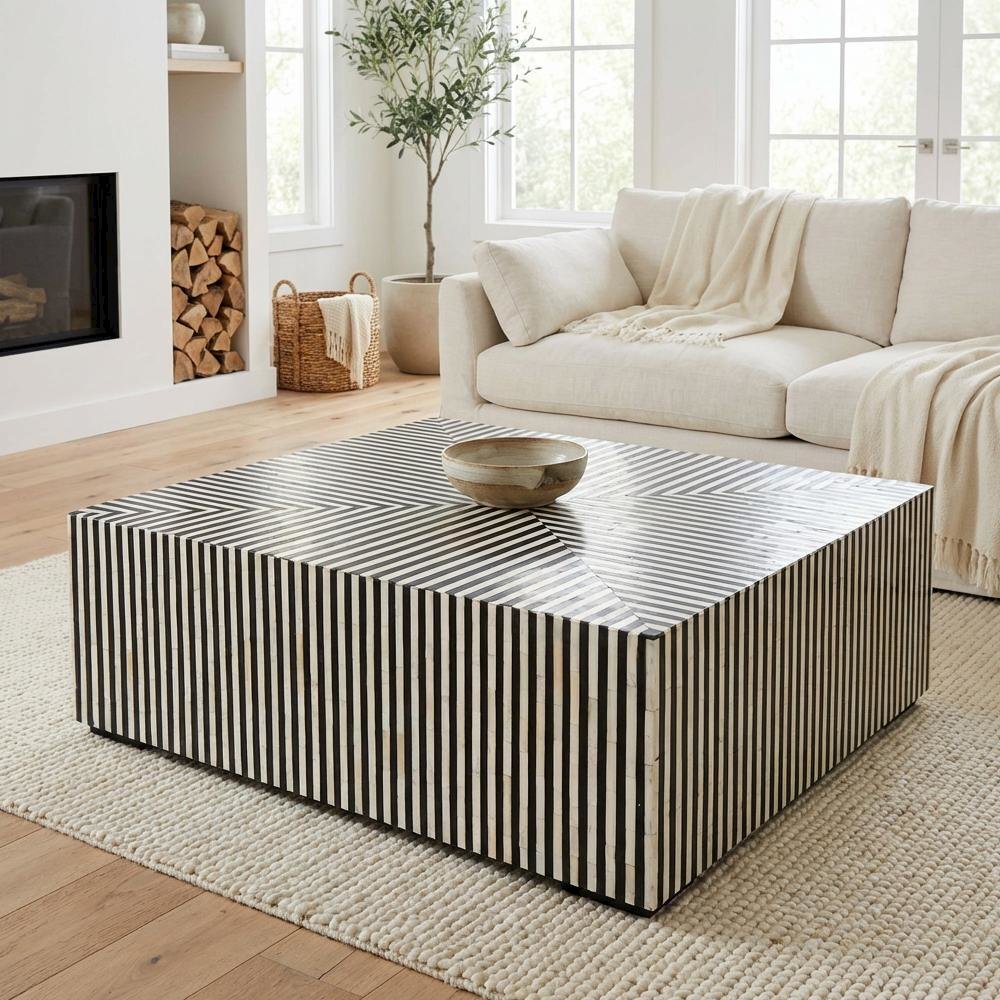Multicolor Art Deco Coffee Table with Bone Veneer Resin Top and Iron Frame