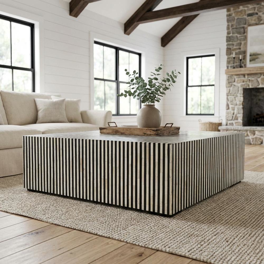 Multicolor Art Deco Coffee Table with Bone Veneer Resin Top and Iron Frame
