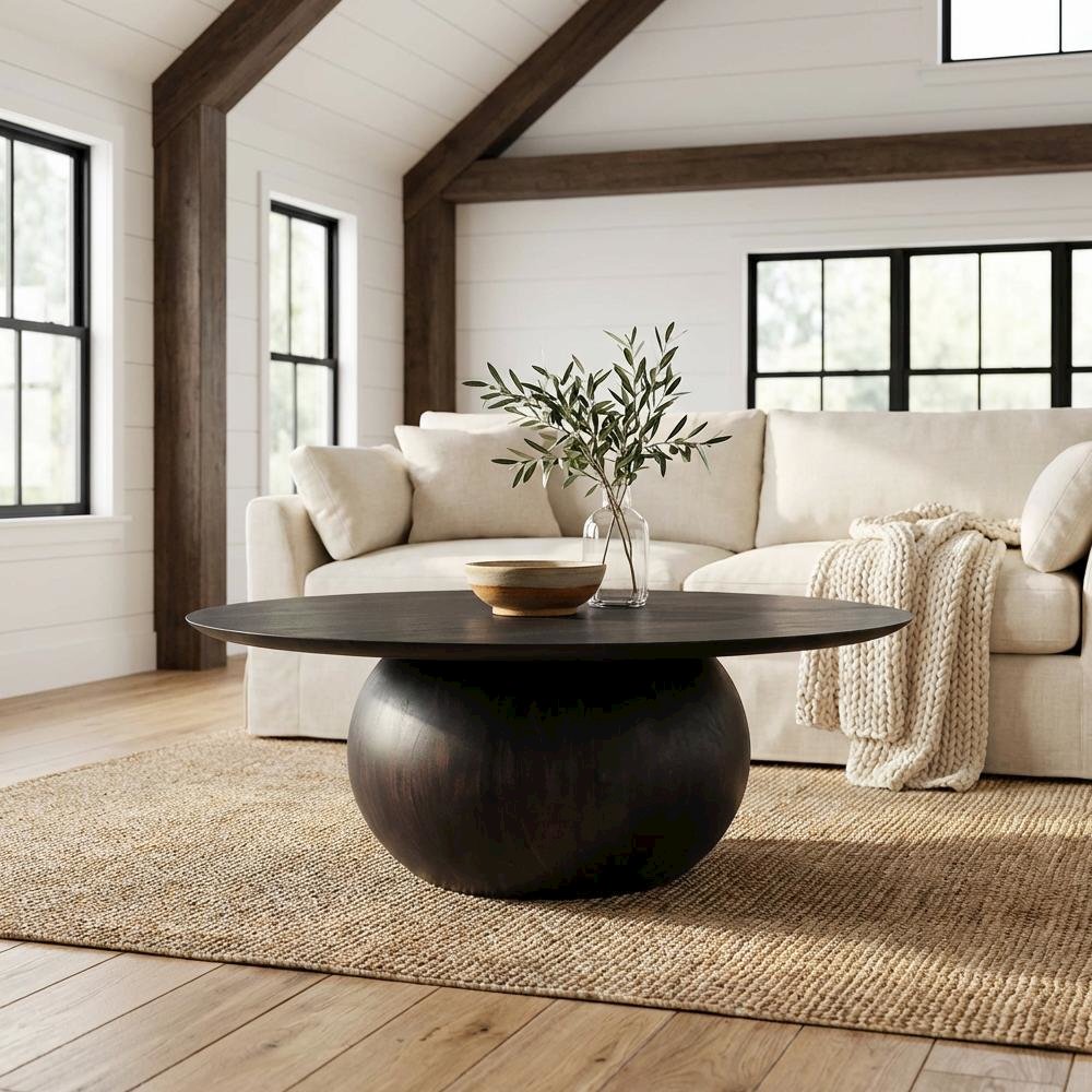 Black Acacia Wood Coffee Table with Rustic Matt Finish and Solid Wood Top