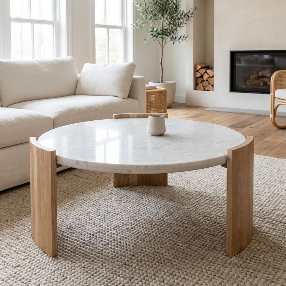 White Marble Coffee Table with Solid Oak Legs and Art Deco Style