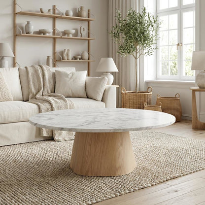 White Marble Coffee Table, Ashen Grey Raj Marble Top, Oak Veneer Plywood Surface