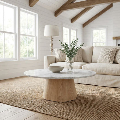 White Marble Coffee Table, Ashen Grey Raj Marble Top, Oak Veneer Plywood Surface