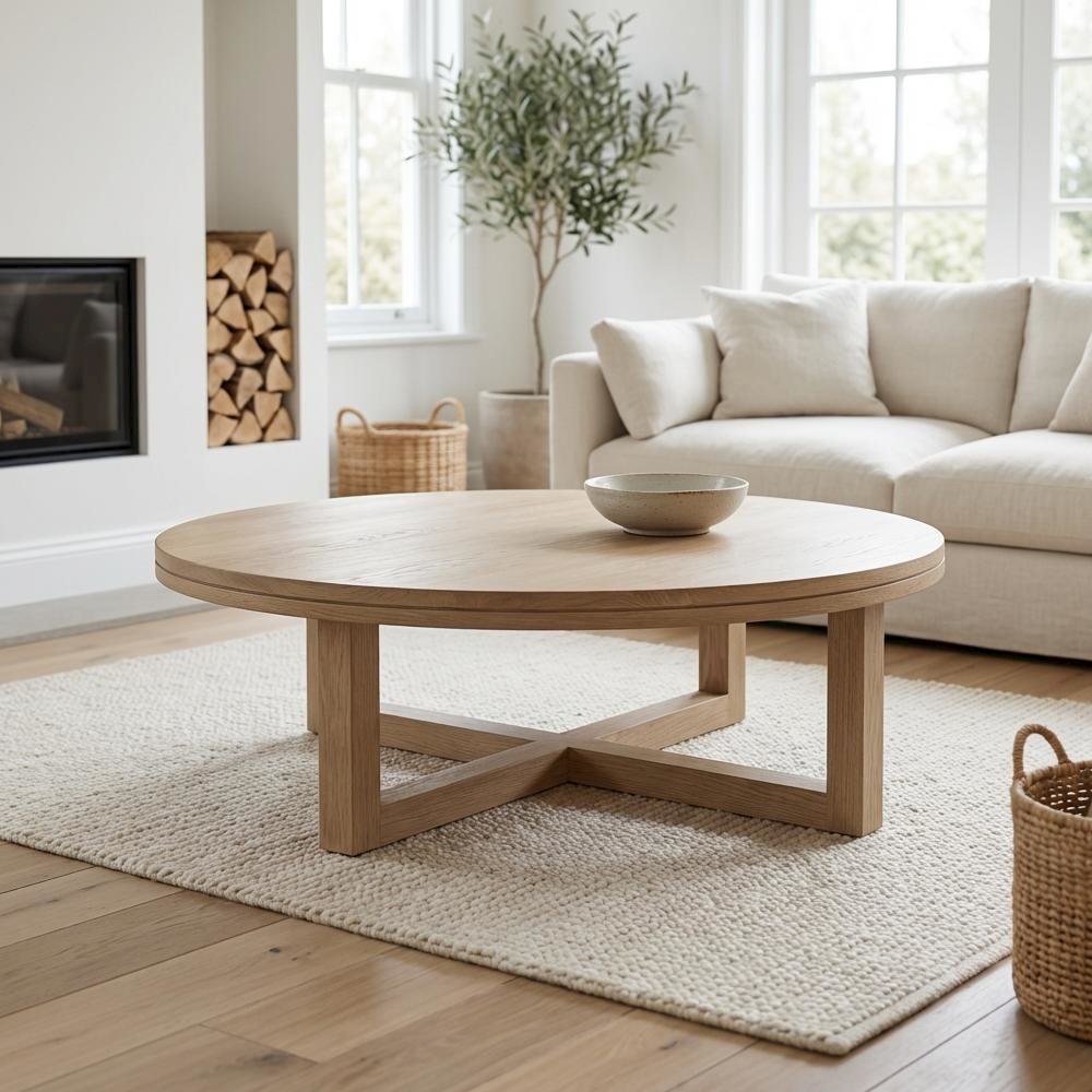 Brown Oak Wood Coffee Table with Metal Frame and Matte Wood-Tone Finish
