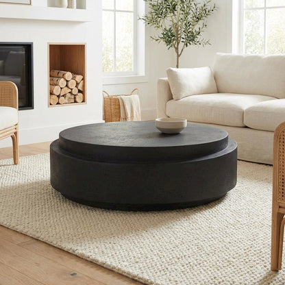 Black Concrete Coffee Table with Stone Surface and Contemporary Design