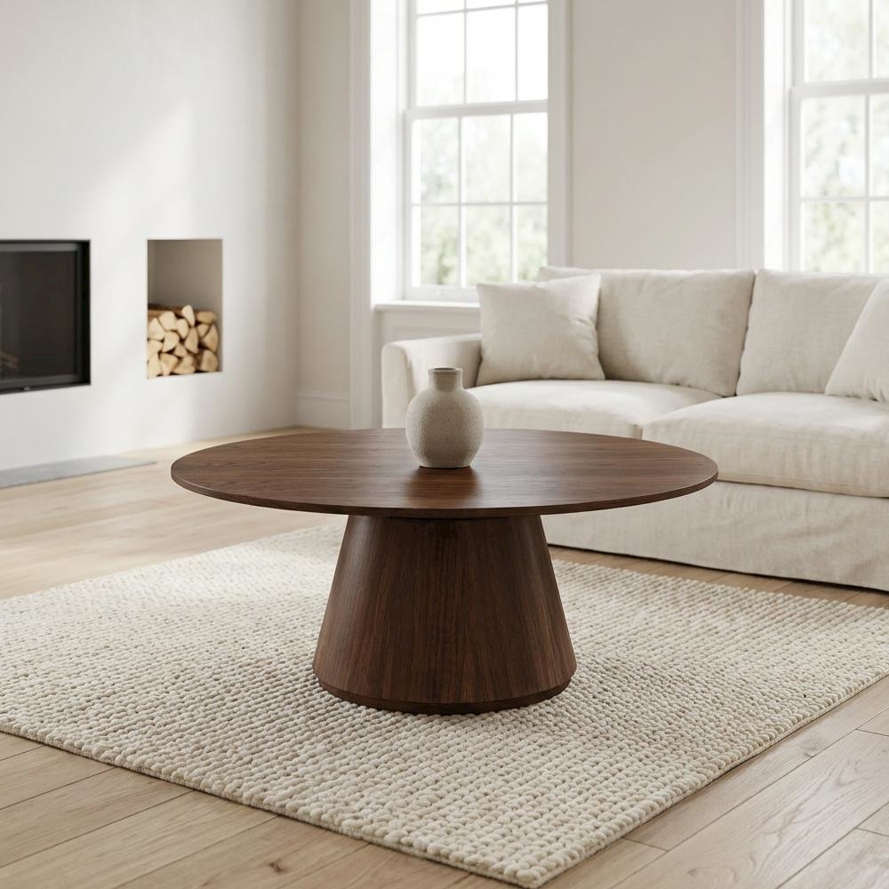 Brown Walnut Veneer Coffee Table with Semi-Gloss Finish and Metal Hardware
