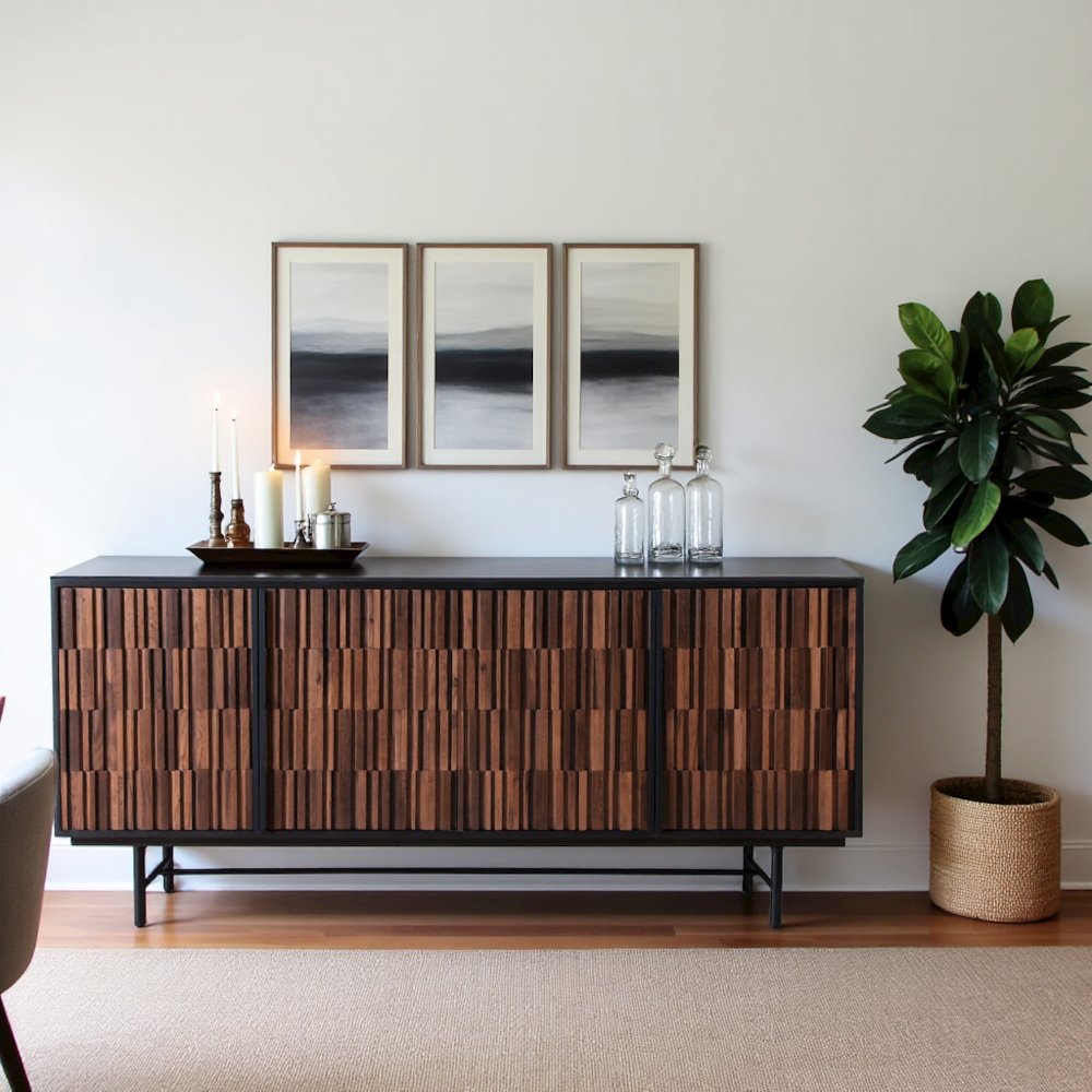 Black Sideboard Cabinet – Wooden Accent Credenza with Iron Base