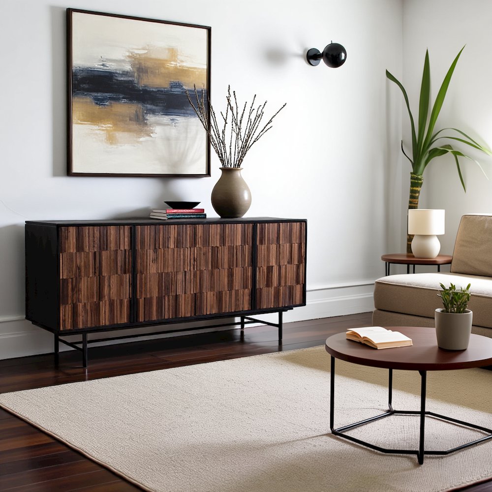 Black Sideboard Cabinet – Wooden Accent Credenza with Iron Base