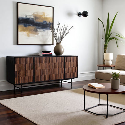Black Sideboard Cabinet – Wooden Accent Credenza with Iron Base