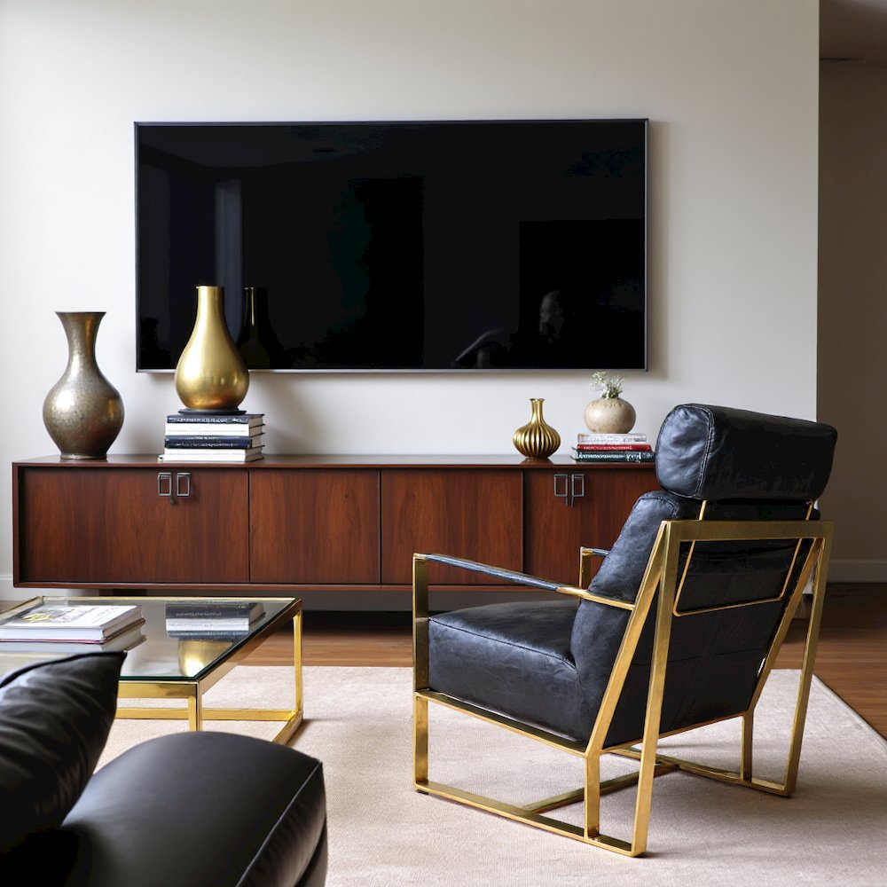 Mid Century Modern Rustic Armchair with Black Leather Seat and Gold Frame
